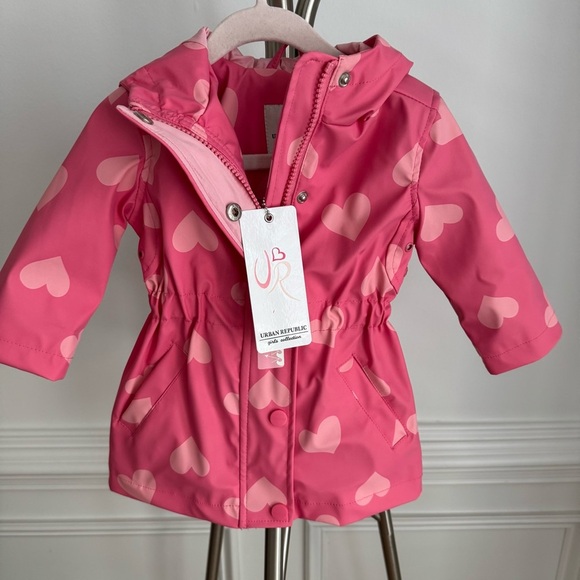 NWT Urban Republic Pink Heart Patterned Rain Jacket Size 3-6M - Picture 1 of 5
